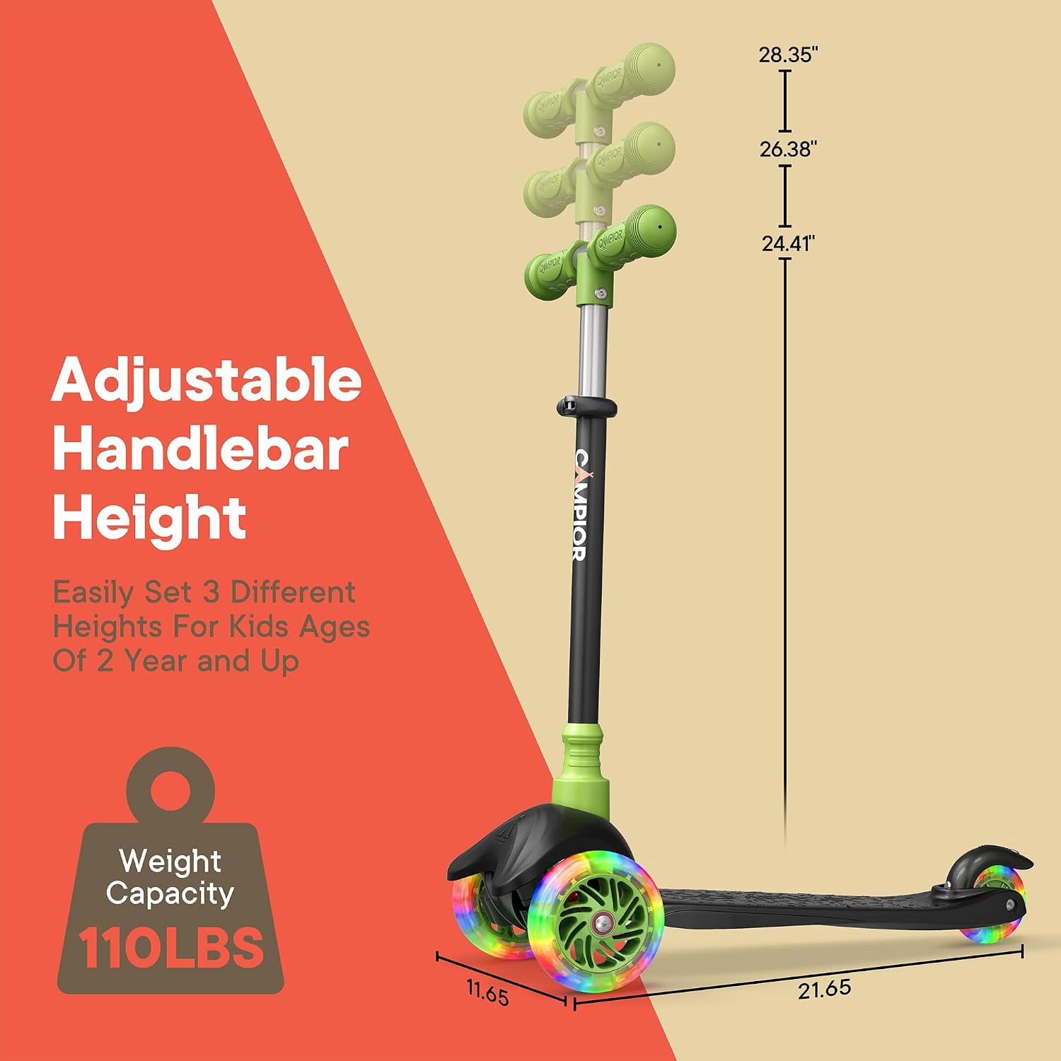 Campior Black & Green 3-Wheel Kids Scooter, Lean-to-Steer with LED Wheels, Adjustable Handlebar, Anti-Slip Deck, Rear Foot Brake, Ages 2+