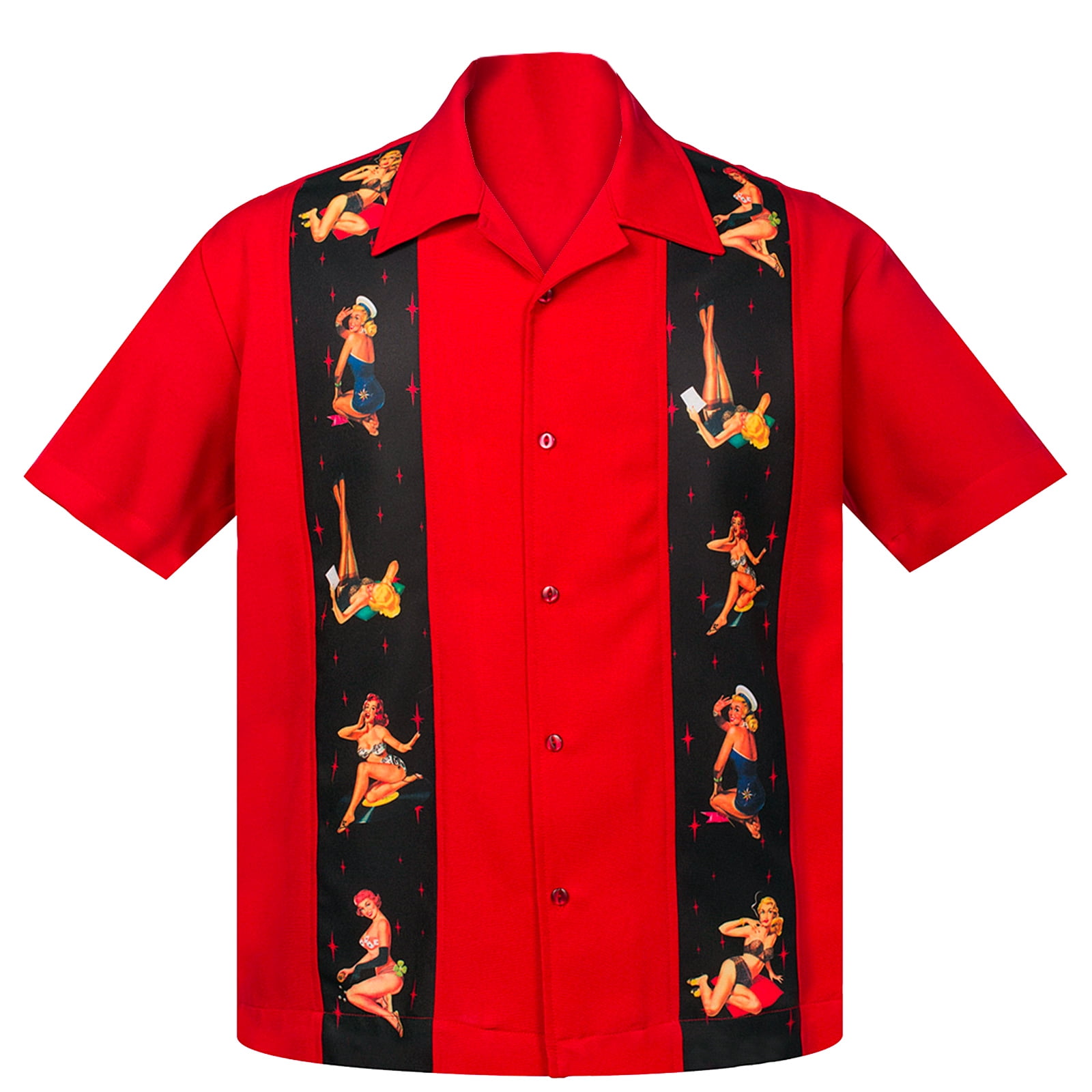 Men's Multi Pin Up Panel Button Up Bowling Shirt Red