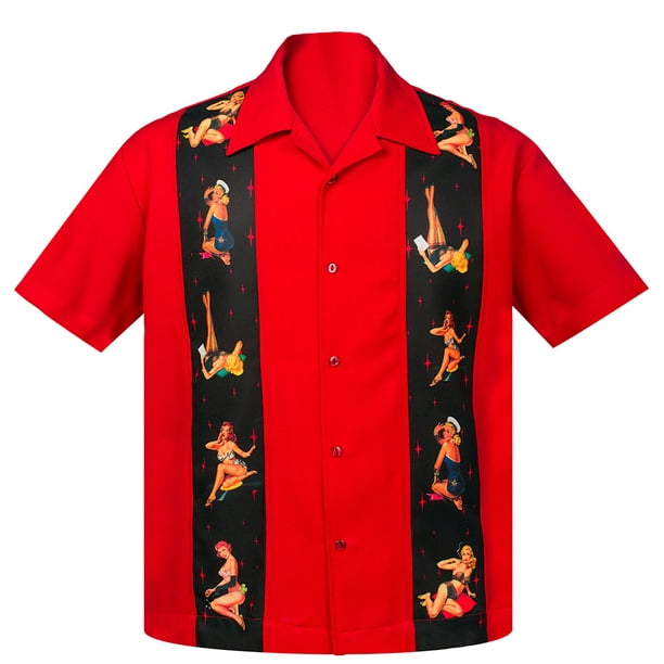 Steady Clothing - Men's Multi Pin Up Panel Button Up Bowling Shirt Red ...