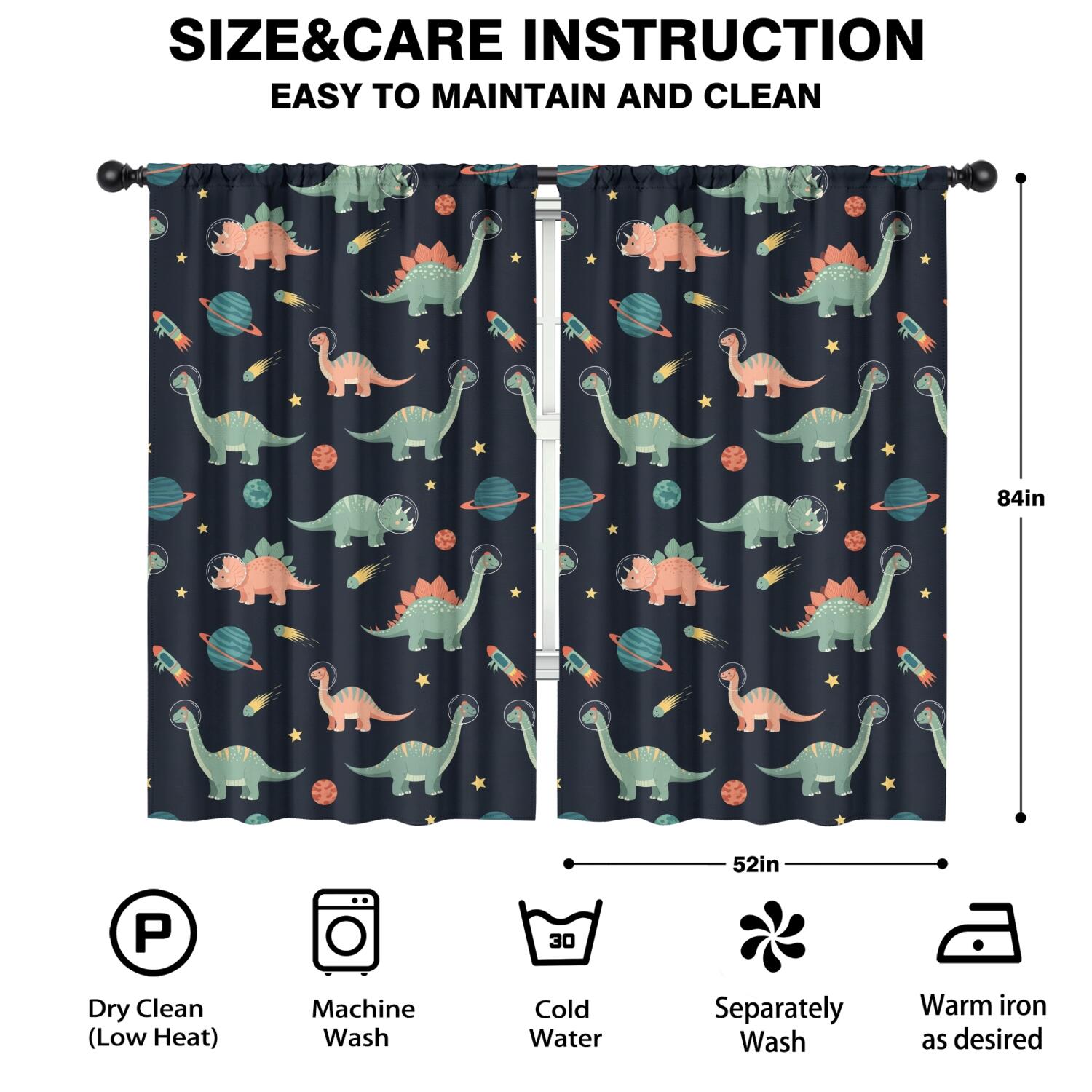 Blackout Kids Curtains,Dark Blue Dinosaurs Space Pattern Childrens Insulated Curtains Set Of 2,Bedroom Essentials,Toddler Room Decor 52"x84"