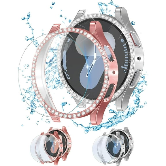XIHAMA 4 4 Pack Shiny Case for Samsung Galaxy Watch 7/6/5/4/FE Screen Protector 40mm 44mm Tempered Glass Glitter Diamond Bumper Face Cover for Women