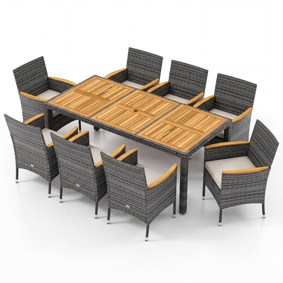 Patiojoy 9PCS Patio Rattan Furniture Dining Set Acacia Wood Table Cushioned Chair for Outdoor