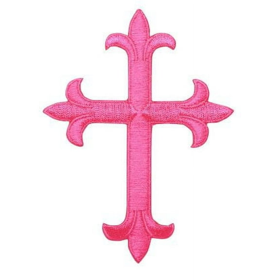 4" Cross - Neon Pink - Fleur De Lis - Religious - Iron On Applique/Embroidered Patch