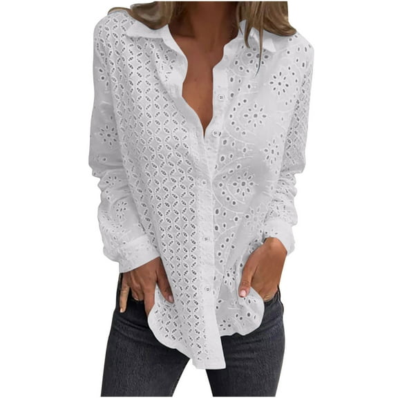 Samickarr Tops for Women Trendy Long Sleeve Turndown Collar Button Down Hollow Out Lightweight Breathable Blouse Solid Color Casual Loose T-Shirts