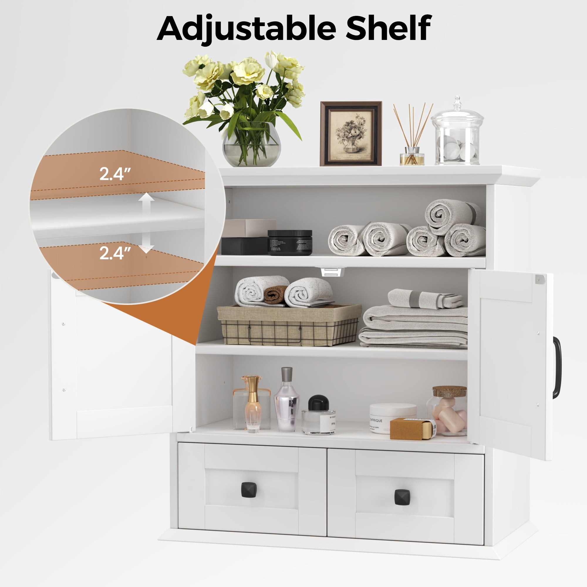 NEGYLIM Wall Mounted Bathroom Cabinet with Barn Door, 2 Drawers and Adjustable Shelves, over Toilet Storage Cabinet for Bathroom Laundry Room, White