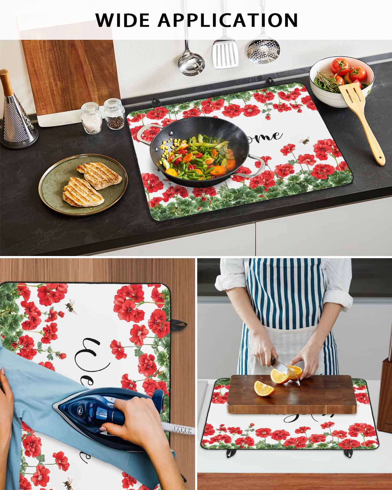 nqOlkjepod Large Induction Cooktop Protector Mat 36"x21", Red Spring Floral Stove Top Covers for Electric Stove, Welcome Green Botanical Watercolor Stove Burner Cover Mats, Glass Top Stove Cover