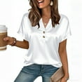 thumbnail image 3 of Otntypg Women Silk Satin Tops Cap Short Sleeve Blouse Elegant Dressy Button V Neck Work Tunic Shirts Business Casual Outfits White XXL, 3 of 8