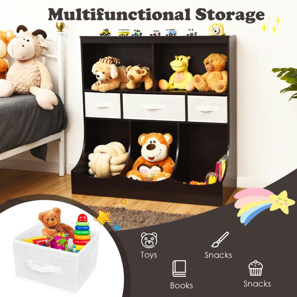 Resenkos Freestanding Combo Cubby Bin Storage Organizer Unit W/3 Baskets-Brown, Kids Toy Storage for Kids, Boys, Girls, Nursery