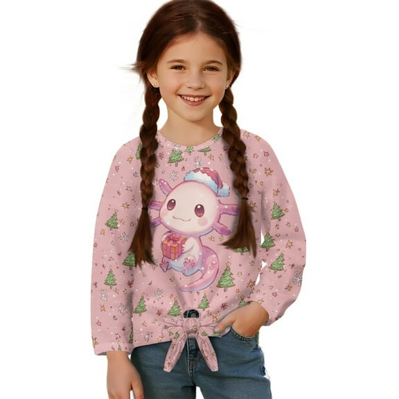 Xixirimido Axolotl Christmas Trees Gift Pink Print Girls Casual T-Shirt Crew Neck Tunic Tops Long Sleeve Loose Fit Soft Blouse Tie-hem Tees for Fall Winter, Size 11-12