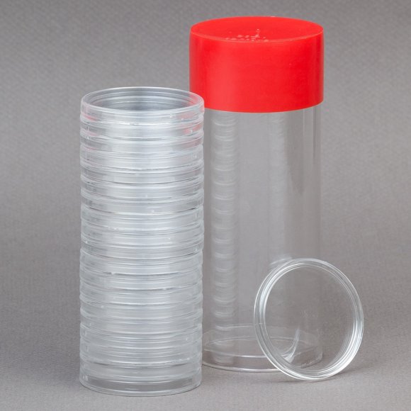 OnFireGuy Red Lid Capsule Tube & 20 Air-Tite 38.1mm Direct Fit 1oz Silver Dollar Coin Holders | AirTite H38 Coin Capsules with Storage Tube Combo