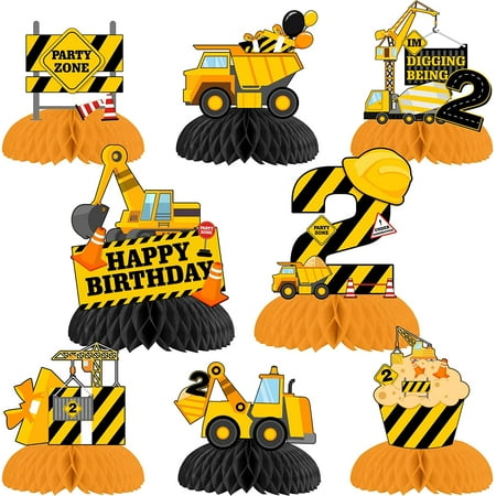 Construction Birthday Party Decorations 2 Year Old, 8pcs Construction Honeycomb Centerpieces, Dump Truck Birthday Party Table Topper, Construction Vehicle 2nd Birthday Party Supplies for Boys