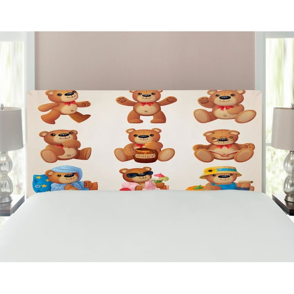 Cartoon Headboard, Happy Toy Teddy Bears with Funny Different Faces Nostalgic Design, Upholstered Decorative Metal Bed Headboard with Memory Foam, Full Size, Chocolate Cream, by Ambesonne