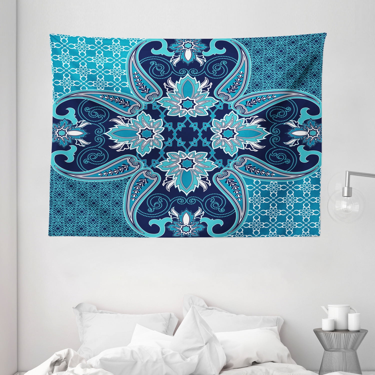 Navy Blue Decor Tapestry, Floral Paisley Design Bohemian