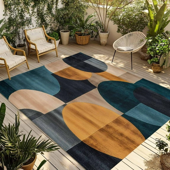 Fsddascl Turquoise Orange Outdoor Rug for Patio/Deck/Porch, Non-Slip Large Area Rug 4 x 6 Ft, Geometric Modern Abstract Art Indoor Outdoor Rugs Washable Area Rugs, Reversible Camping Rug Carpet