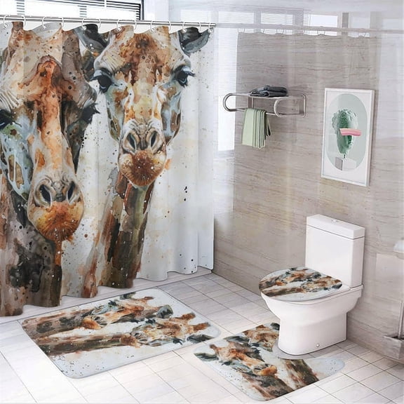 Modern Colorful Giraffe 4 Pieces Shower Curtain Sets Vintage Fantasy Animal Bathroom Decor Set Bathroom Accessory Sets with Rugs and Toilet Lid Cover, Style-3