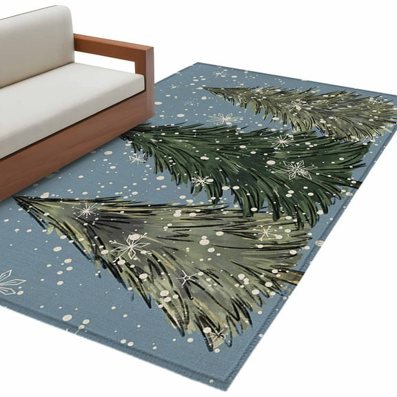 Blue Christmas Tree Area Rug 3x5 FT, Non Slip Entryway Bedside Carpet, Green Xmas Tree Snowflake Washable Soft Floor Carpet Indoor Mat Non-Shedding Throw Rug for Dorm Kitchen Home Office