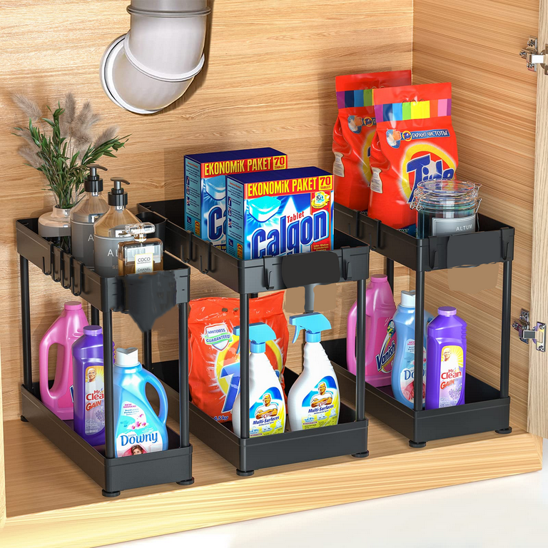 3 Pack Under Sink Organizers and Storage with Divider,2 Tier Under Cabinet  Storage with 4 Hooks and 4 clapboards, Carbon Steel Multi-purpose Under the Sink  Organizers for Bathroom Kitchen Laundry Room 