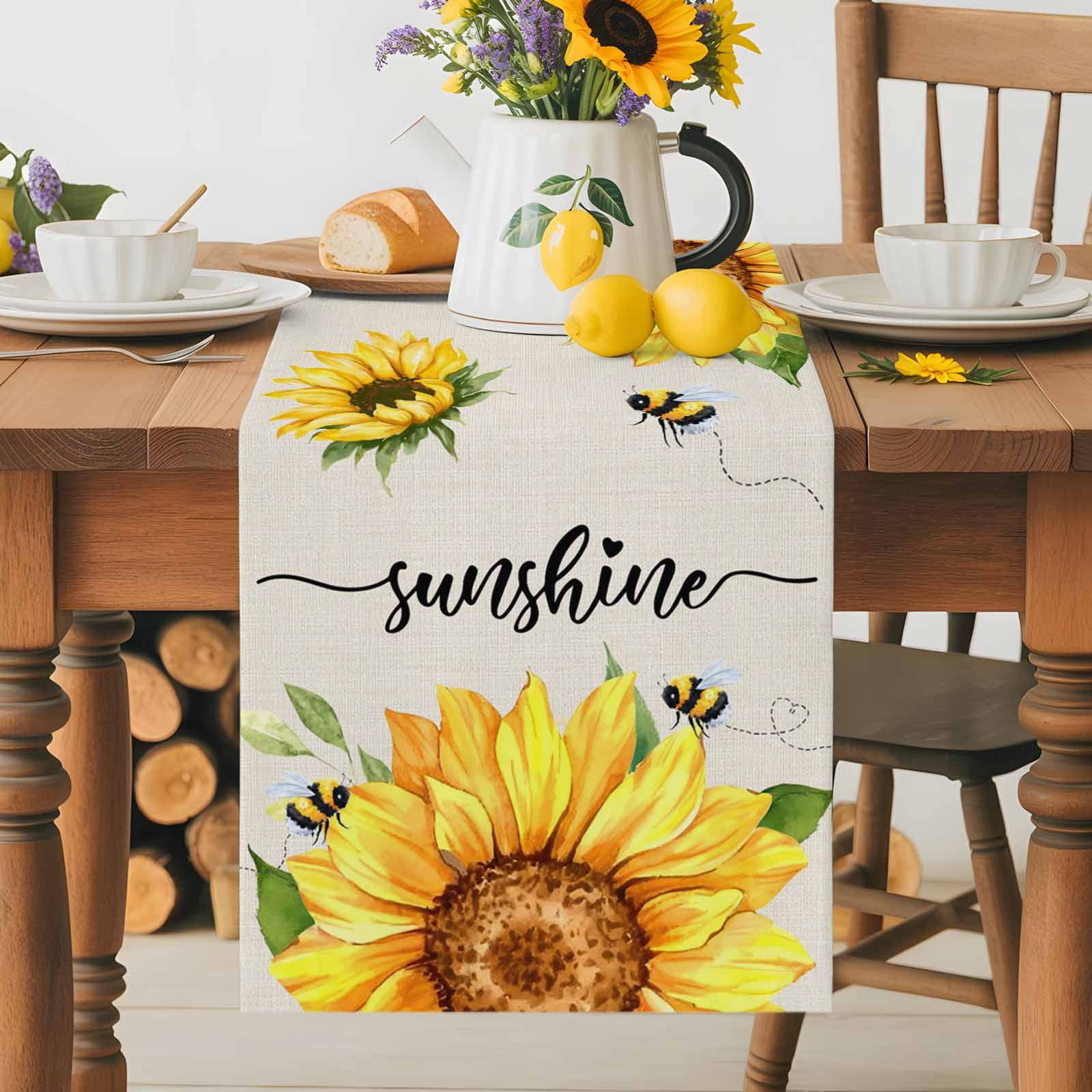 Sunflower Bee Leaves on Linen Table Runner 90 Inches Long, Summer Sunshine Quote Table Runners Tabletop Scarf Kitchen Dining Tables Decoration for Home Party Indoor Outdoor