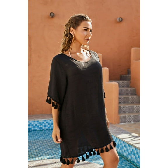 LIORA Women's Swimsuit Cover Up Knit Crochet Short Sleeve Bathing Suit Cover Up for Swimwear, Black