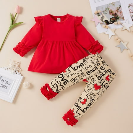 

Augper Baby Girl Clothes Long Sleeve Fall Winter Clearance Toddler Baby Girls Valentine s Day Ruffles Tops+Letter Printed Pants Outfits Red