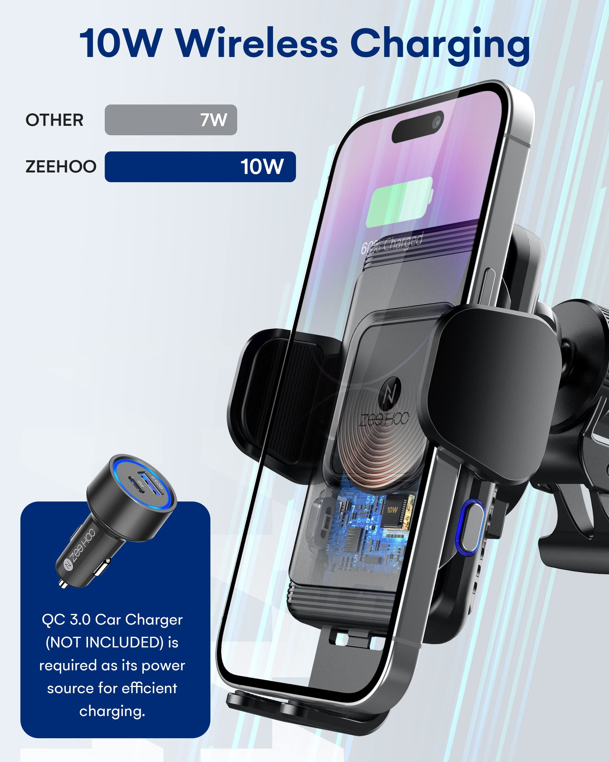 ZeeHoo Wireless Car Charger,Qi Fast Charging Auto-Clamping Car Mount,Windshield  Dash Air Vent Phone Holder for iPhone 14 13 12 Mini 11 Pro Max XS XR  8,Samsung S22 S21 S20 Note 20 10