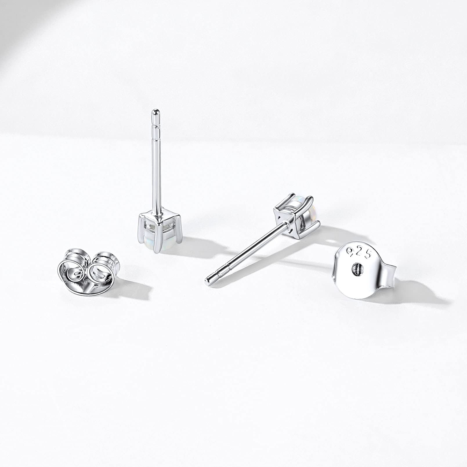 ChicSilver 3mm Created White Opal Stud Earrings Hypoallergenic Sterling Silver Round Cut Earrings for Women October Birthstone Jewelry