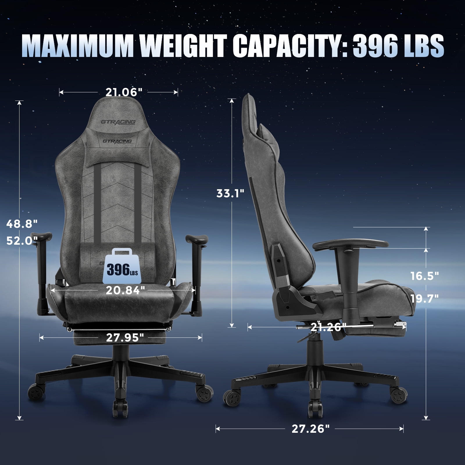 GTRACING High Back Racing Style Gaming Office Chair with Footrest and Adjustable Reclining Backrest, Gray