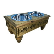 Raised Wooden Pet Double Diner with Stainless Steel Bowls - Rustic Brown - Large