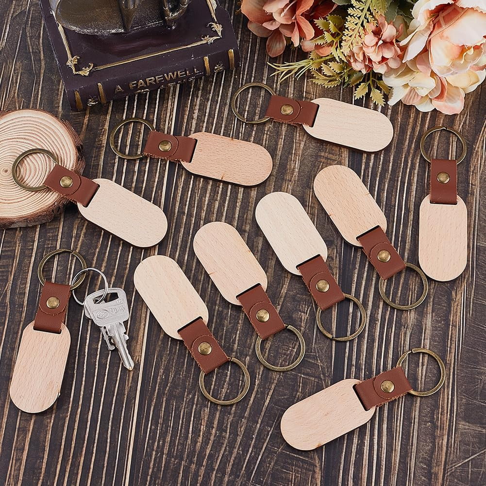 25Pcs Leather Wood Keychains Wood Blank Keychain Bulk Imitation Leather Strap Unfinished Wooden Oval Engraving Pendant Key Chains Tags DIY