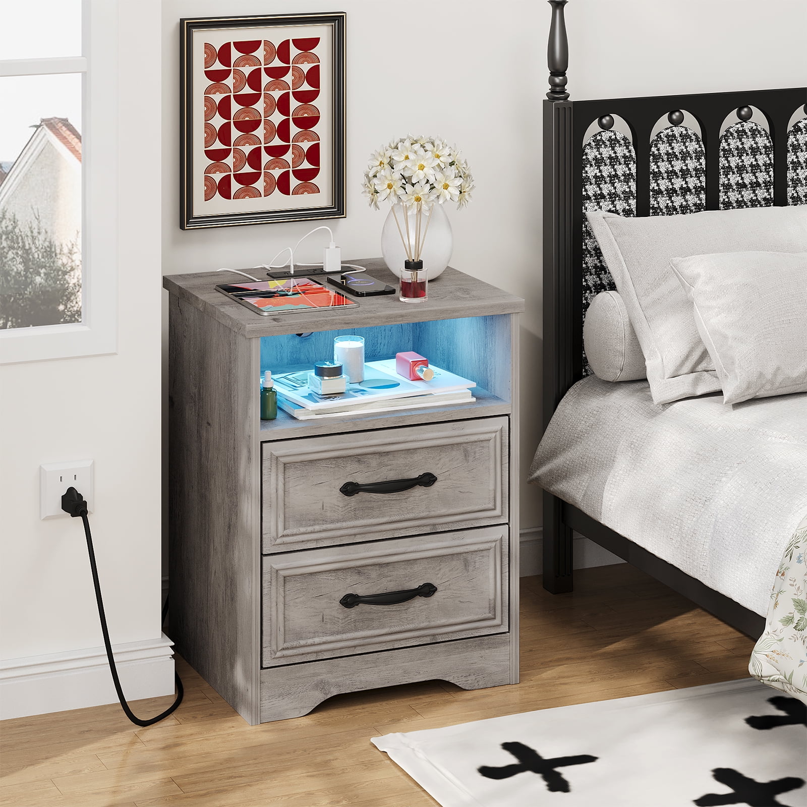 Holliwill Nightstand with Outlets & USB Ports & LED Lights for Bedroom, 2 Drawer Dresser Bedside Table End Table Side Table for Living Room, Gray