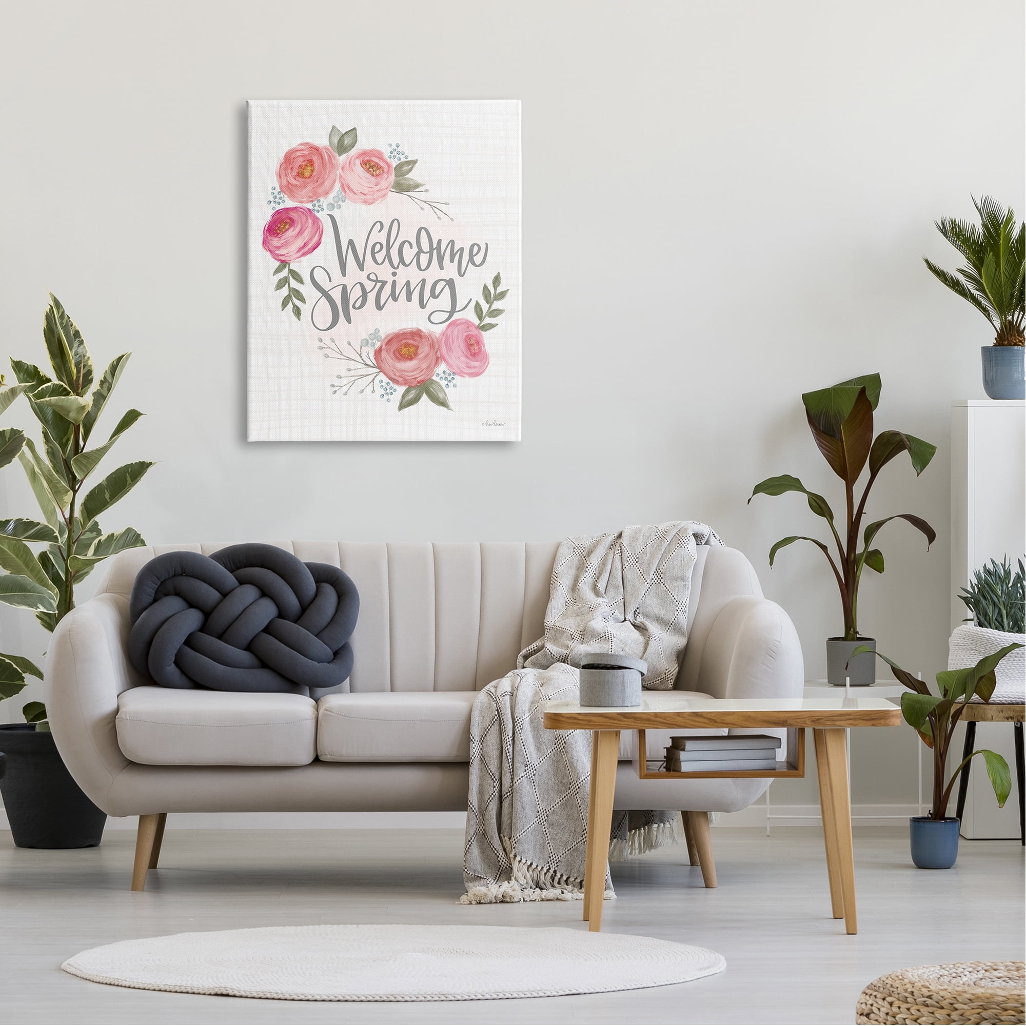 Stupell Industries Welcome Spring Greeting Blossoming Pink Roses Plaid Pattern, 30 x 40, Design by Lisa Larson