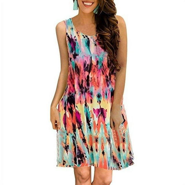 Women Fashion Sleeveless O-neck Print Casual Loose Mini Dress Summer ...