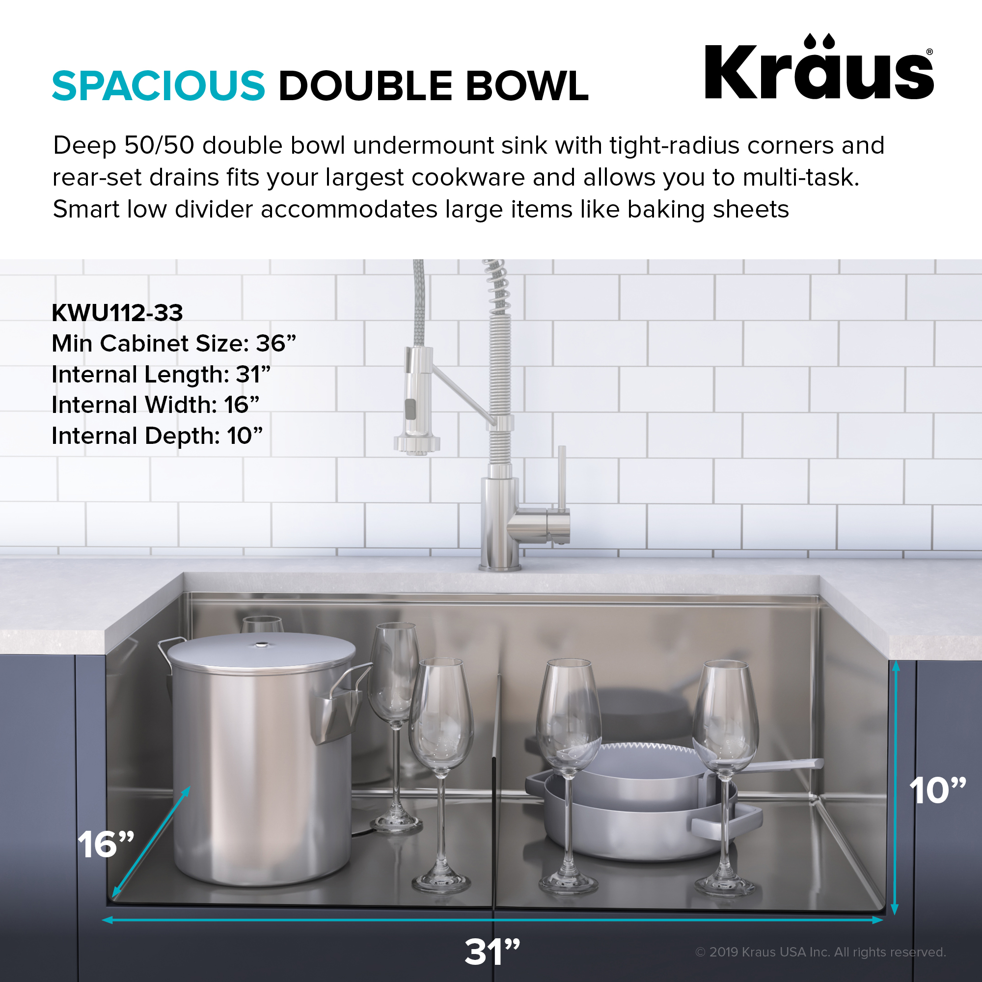 Kraus Kore Workstation 33-inch Undermount 16 Gauge Double Bowl Stainless Steel Kitchen Sink with Accessories (Pack of 8) with Waste Guard Continuous Feed Garbage Disposal