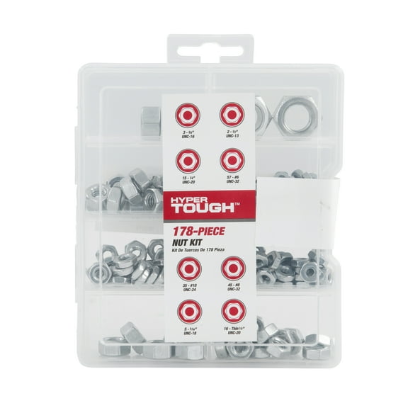 Hyper Tough 178-Piece Hex Nut Assortment with Case, 3305, Carbon Steel, .98 lb
