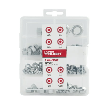 Hyper Tough 178-Piece Hex Nut Assortment with Case, 3305, Carbon Steel, .98 lb