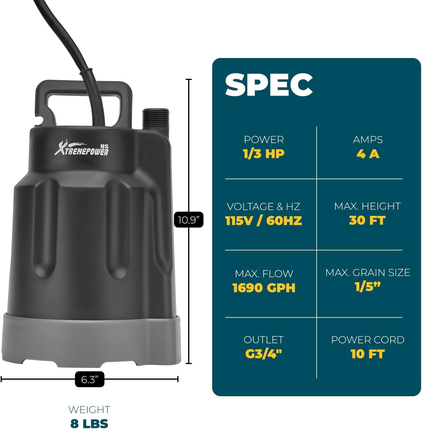 XtremepowerUS 1700 GPH Automatic Submersible Utility Pump, 1/3HP, 10' Cord for Pool, Basement, Pond