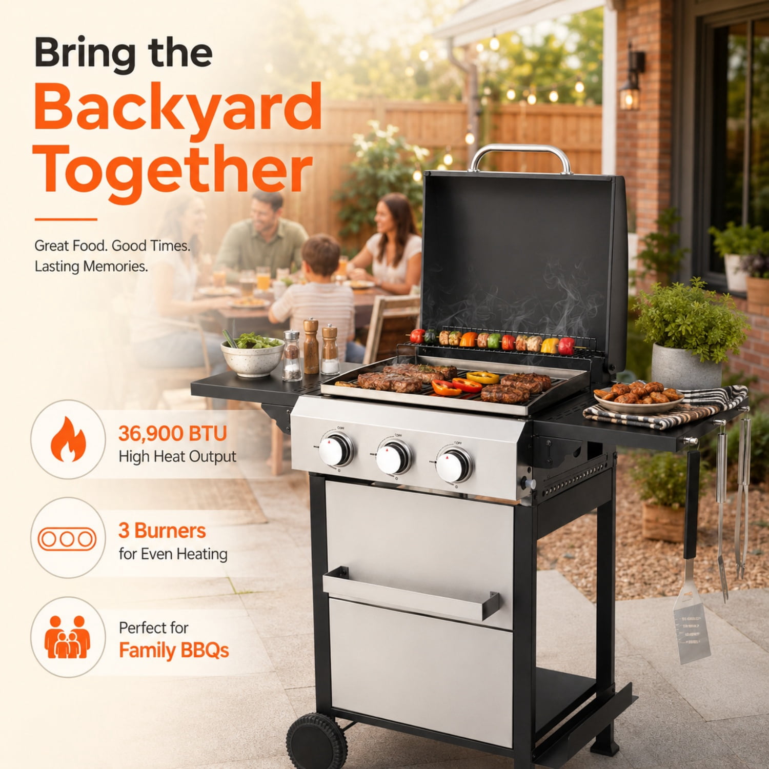 Miniyam 3 Burners BBQ Propane Gas Grill with Side Burner for Outdoor Barbecue, 36900 BTU Output
