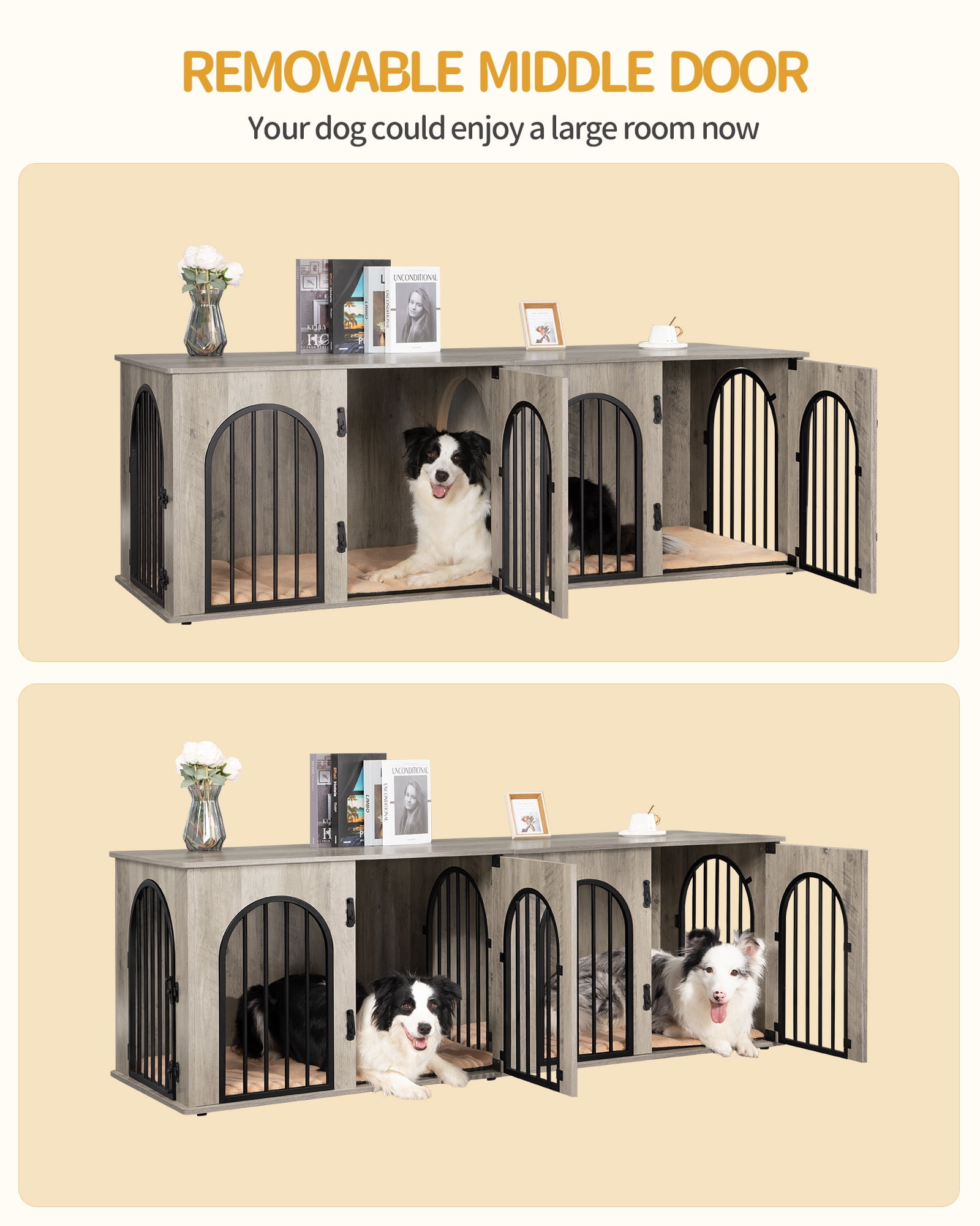 Dog Crate Furniture, 71" Heavy Duty Dog Kennels with Divider, Pads, Side Table, TV Cabinet