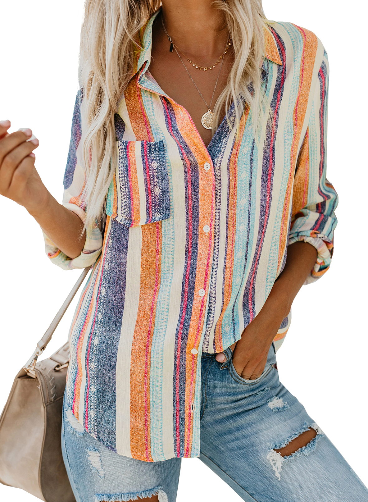 Sidefeel Women's Button Down Blouse Shirts Classic Striped Tunic Tops ...