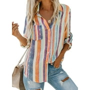 Sidefeel Women's Classic Striped Tunic Tops with Front Pockets Casual Regular Fit Button Down Blouse Shirts L 12-14