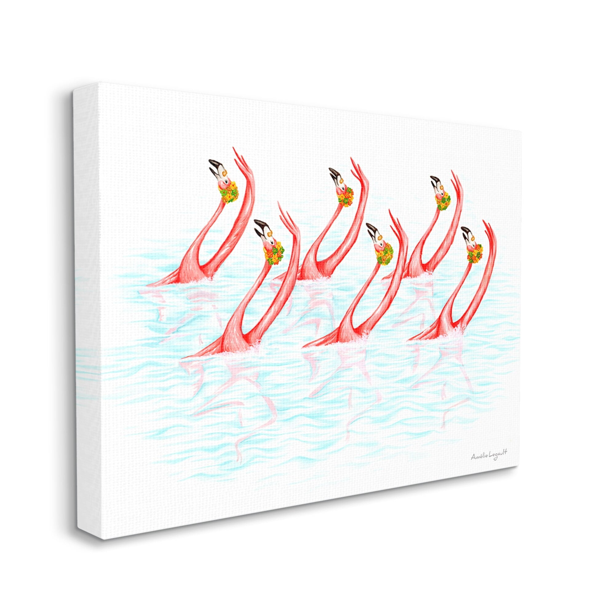 Stupell Industries Six Flamingoes Birds Synchronized Swimming Floral Caps Graphic Art Gallery Wrapped Canvas Print Wall Art, Design by Amelie Legault