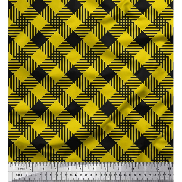 Soimoi Yellow polyester Crepe Fabric Diagonal Check Print Fabric by the Yard 42 Inch Wide