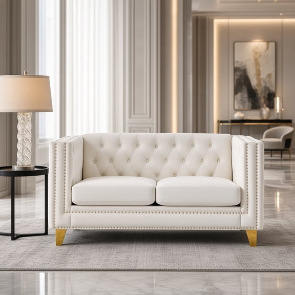 58" Velvet Sofa, Modern Tufted Button 2-Seater Couch with Square Arms and Metal Legs, Upholstered Chesterfield Loveseat for Living Room Bedroom, Beige