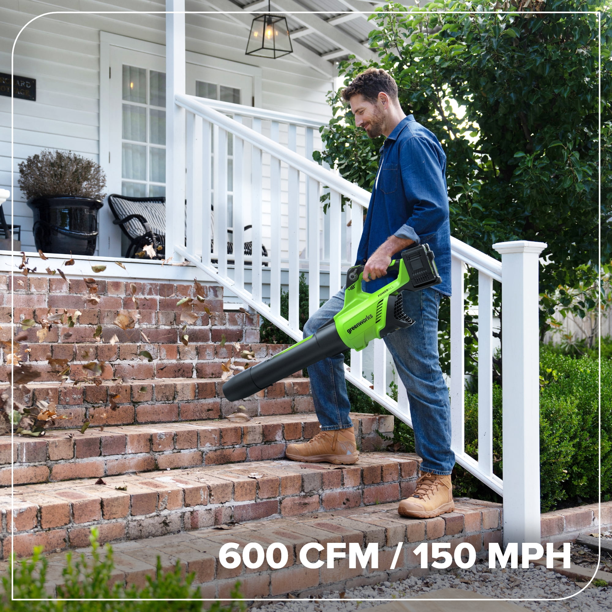 Greenworks 48V (24V x 2) Brushless Axial Leaf Blower (600 CFM / 150 MPH), Powerful for Large Yard, Driveway, Patio and Deck Cleanup, Includes (2) 4.0Ah Batteries and 100W GaN Charger