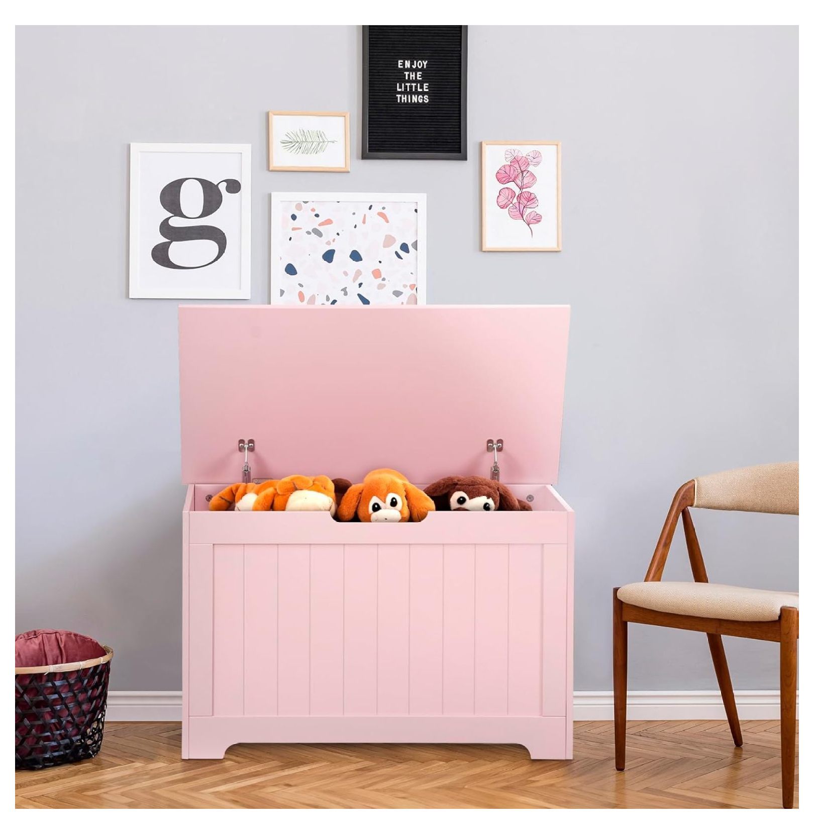 30'' Toy Box Storage Chest Trunk for Boys Girls Kids, Wooden Storage Bench Organizer Box Shoe Blanket Chest, w/2 Safety Hinges, for Living Room, Bedroom, Entryway, Pink