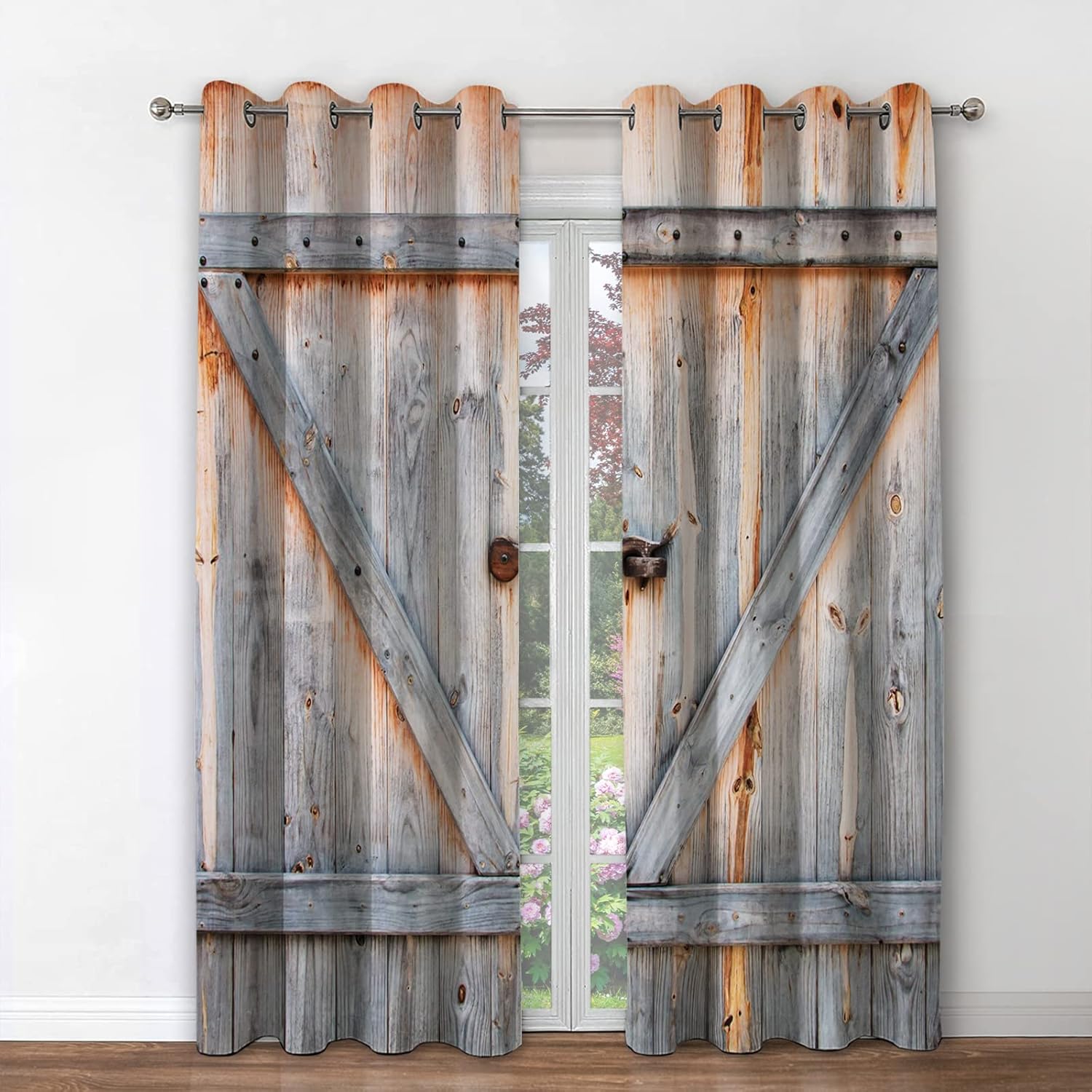 Wood Barn Door Blackout Curtains Rustic Farmhouse Wooden Door in Retro Color Oak Board Countryside Village Rural Decor for Bedroom Living Room Grommet Window Drapes 2 Panel Set, 42"x84"