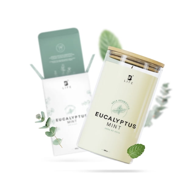 Vela De Soya Aromática | 600 g | Aroma Eucalipto y Menta | Duración 120 Horas | B Life.