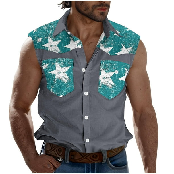 Camisas de Cuello para Hombres, Moda Casual Día de la Independencia Imprimir Turndown Bolsillos sin Mangas Tanque Deportivo