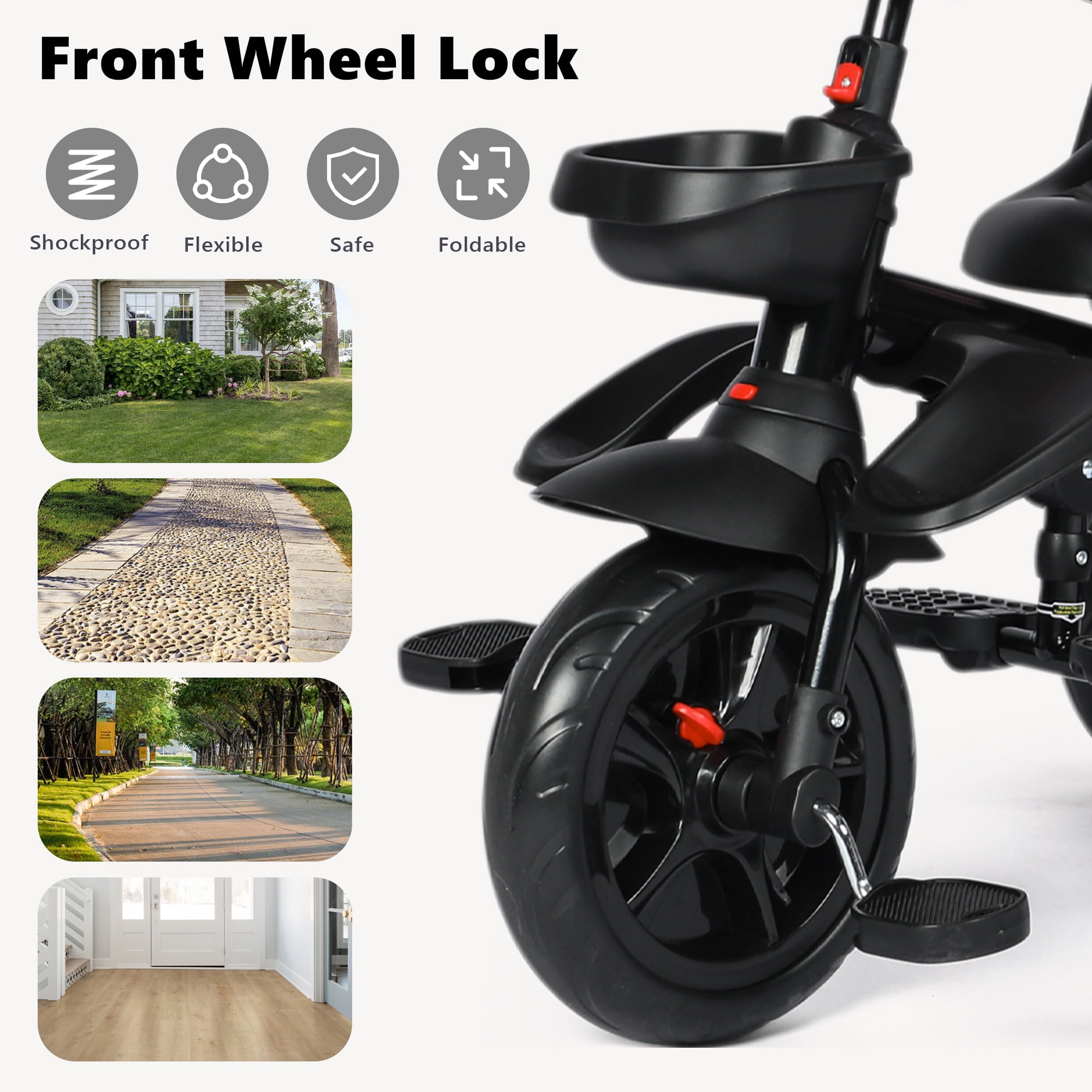 AILEEKISS Foldable Kids Tricycle with Push Handle, 7-in-1 Ride Trike for Infant 1-5 Years, Pink