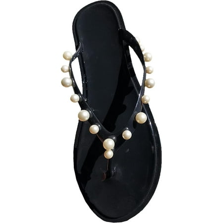 

Fashion Herringbone Beach Pearl Sandals Craft Clip Feet Casual Flat Shoes wedge sandals black white